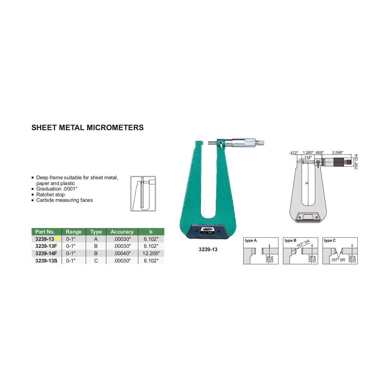 Insize Sheet Metal Micrometer 0-1" Range Series 3239-13