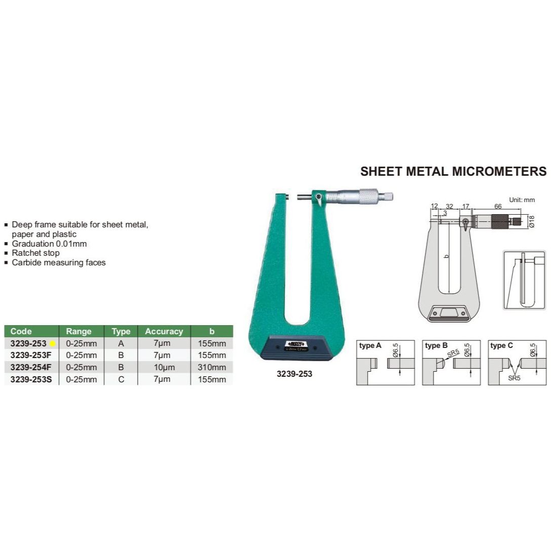 Insize Sheet Metal Micrometer 0-25mm Range Series 3239-253