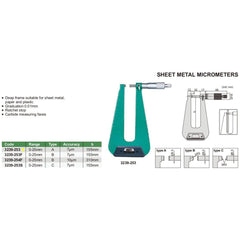 Insize Sheet Metal Micrometer 0-25mm Range Series 3239-253