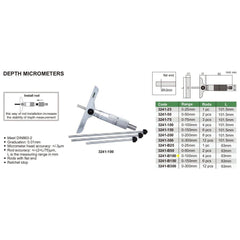 Insize 4pc Metric Depth Micrometer 0-100mm Range Series 3241-B100