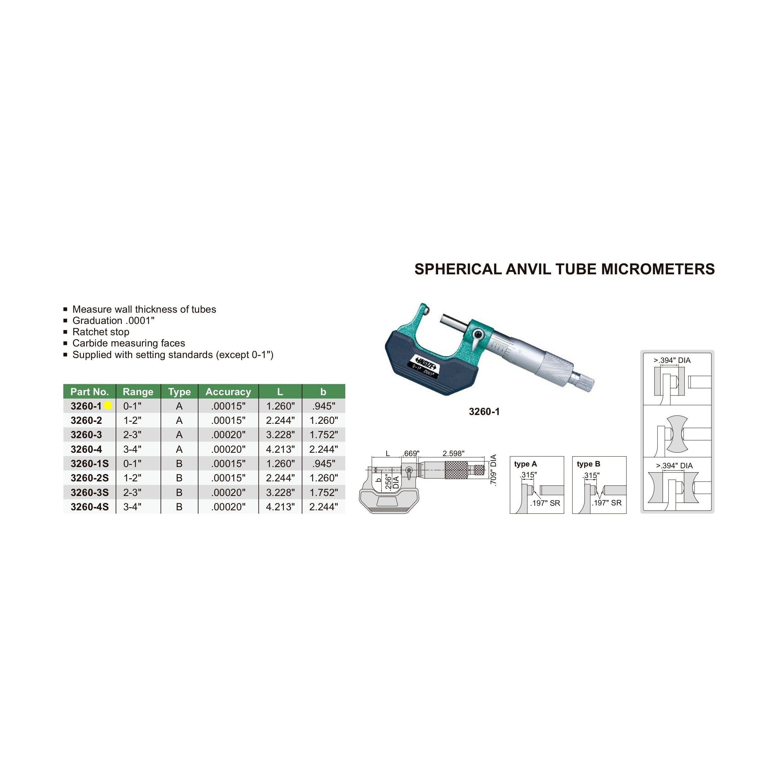 Insize Spherical Anvil Tube Micrometer 0-1" Range Series 3260-1