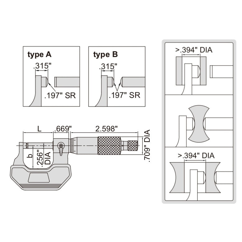 Insize Spherical Anvil Tube Micrometer 1-2" Type B Series 3260-2S