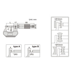 Insize Spherical Anvil Tube Micrometer 0-25mm Range Series 3260-25A