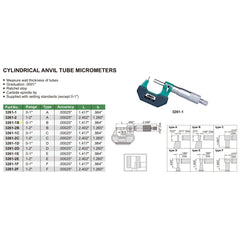 Insize Type B Cylindrical Anvil Micrometer 0-1" Range Series 3261-1B