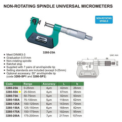 Insize Non-Rotating Micrometer with Anvil/spindle tips 25-50mm Range Series 3280-50A