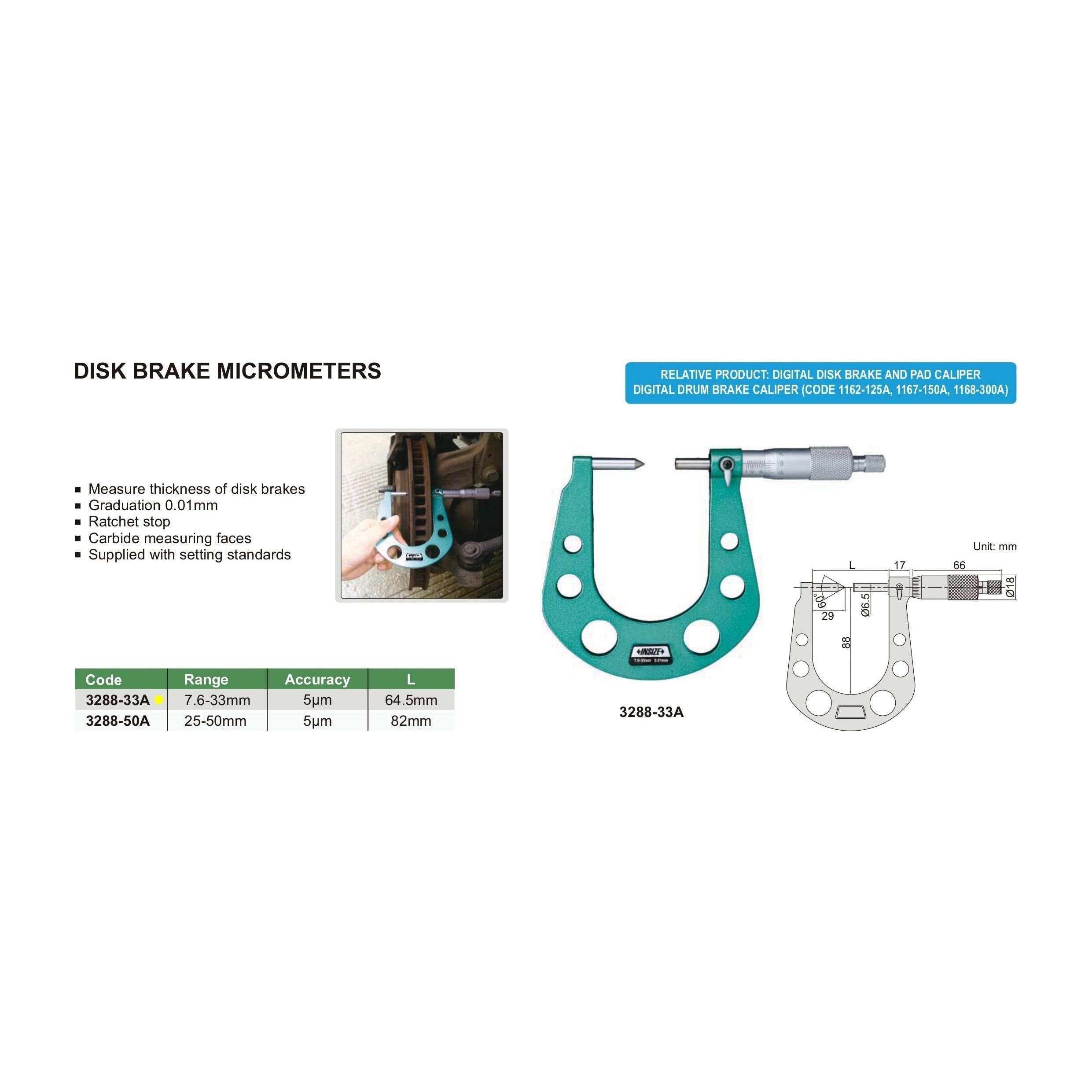 Insize Disc Brake Micrometer 7.6-33mm Range Series 3288-33A