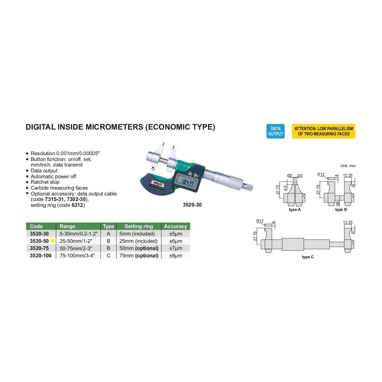 Insize Digital Inside Micrometer 25-50mm/1-2" Range Series 3520-50