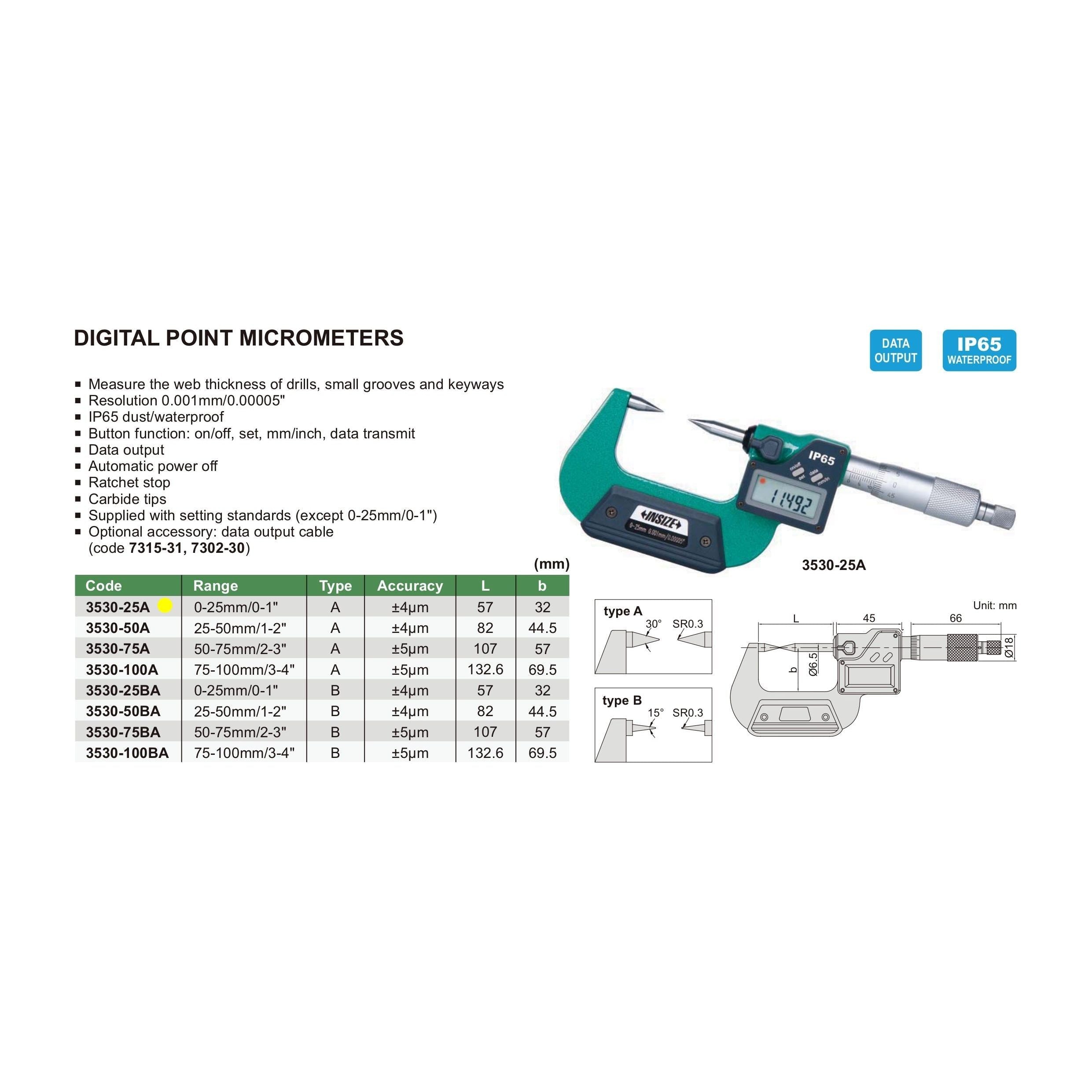 Insize Digital Point Micrometer 0-25mm/0-1" Range Series 3530-25A