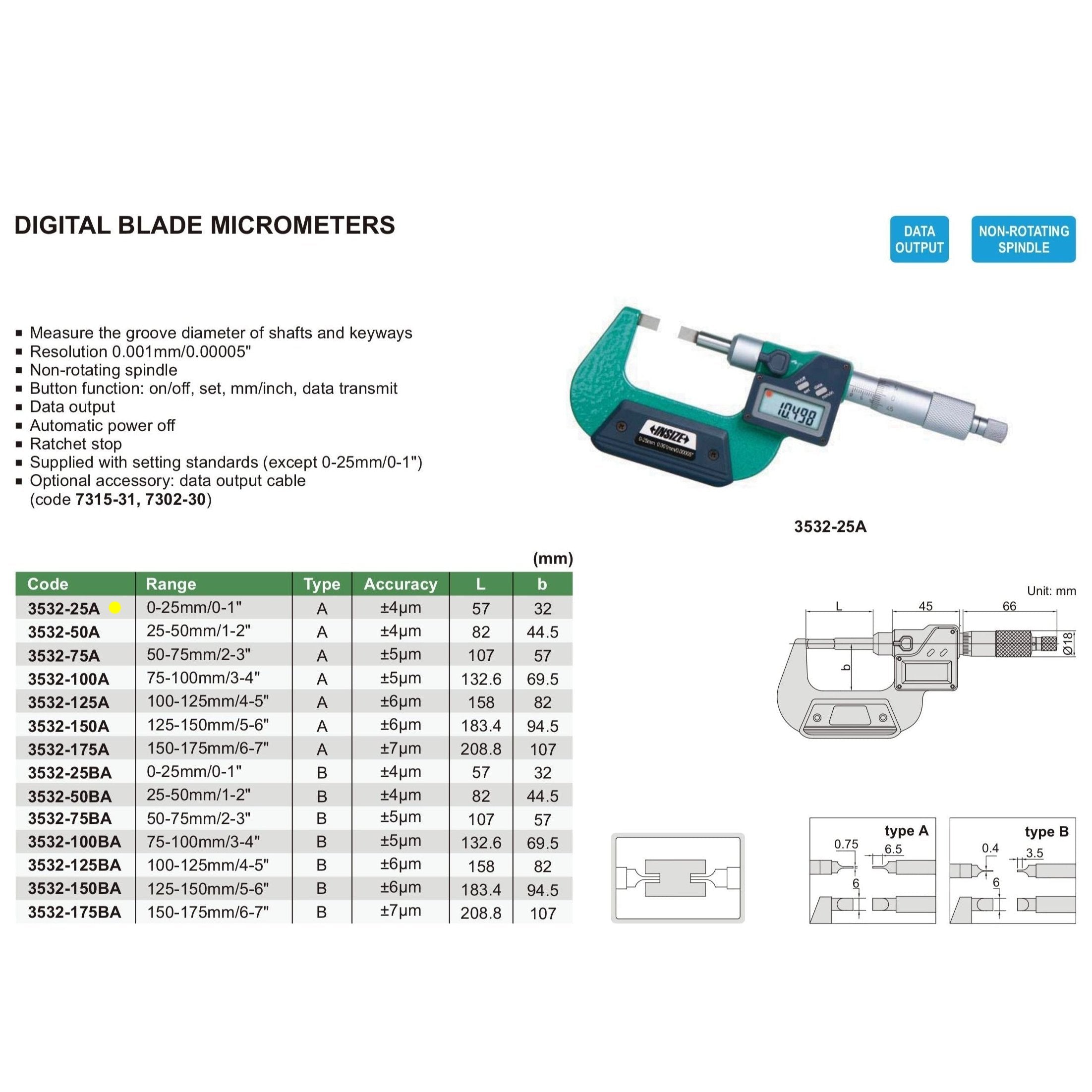 Insize Digital Blade Micrometer 0-25mm/0-1" Range Series 3532-25A