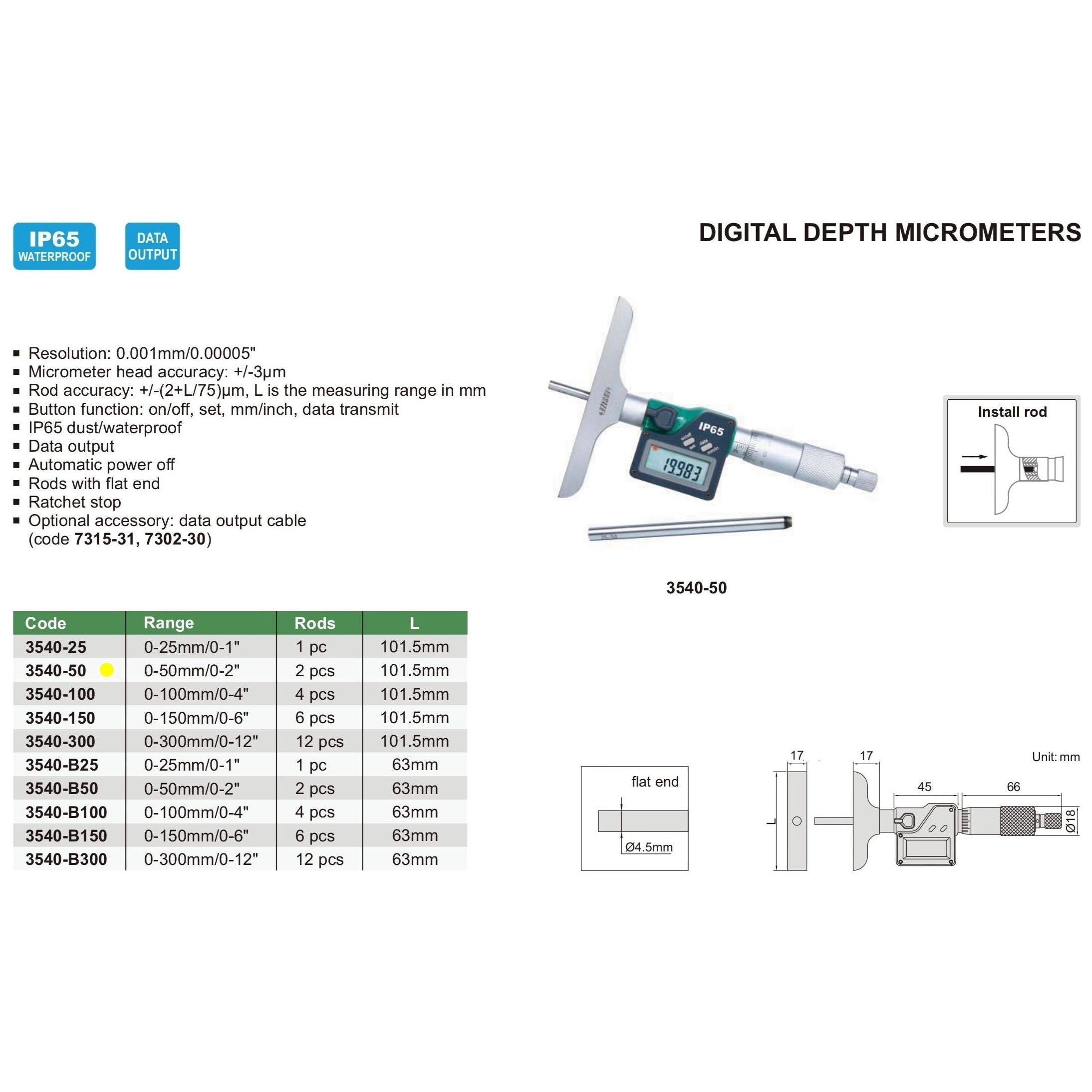 Insize Digital Depth Micrometer 0-50mm/0-2" Range Series 3540-50