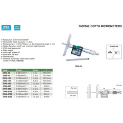 Insize Digital Depth Micrometer 0-50mm/0-2" Range Series 3540-50