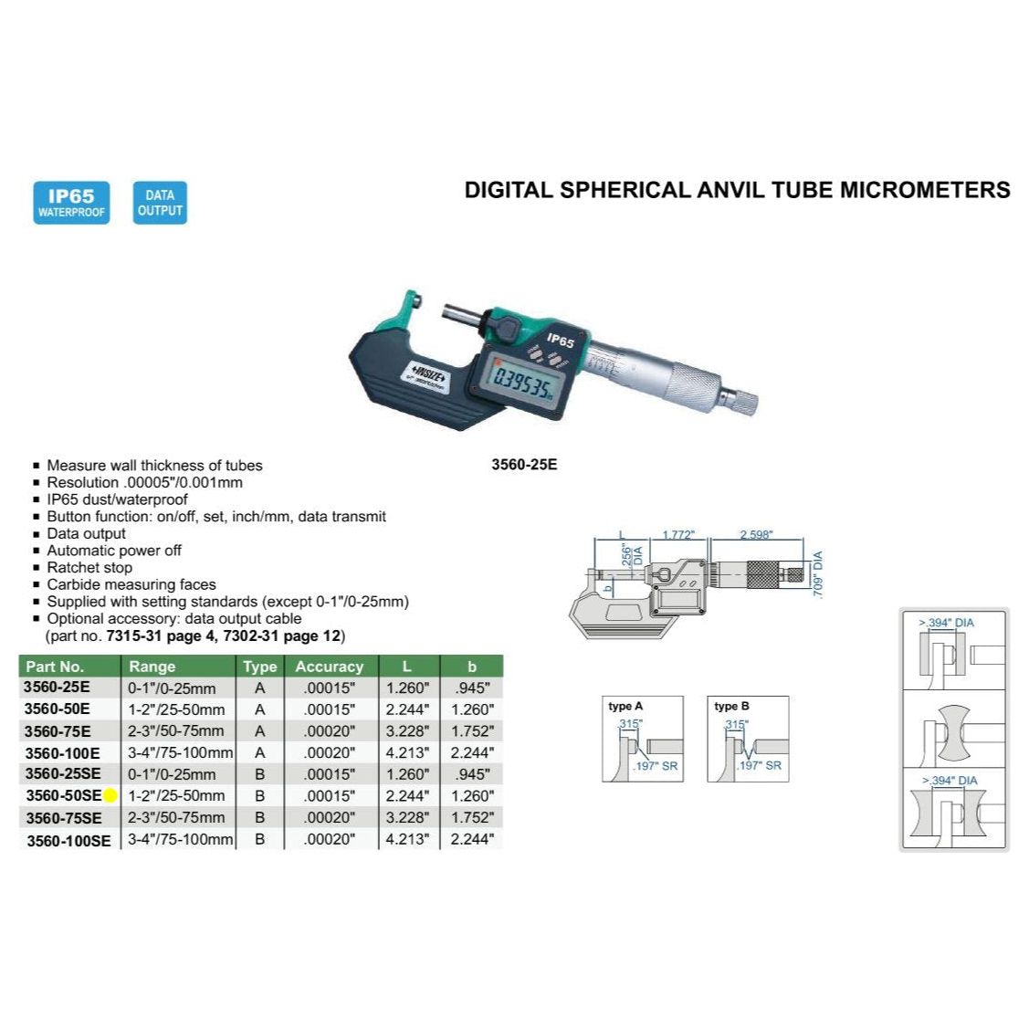 Insize Digital Spherical Anvil Tube Micrometer 25-50mm/1-2" Range Series 3560-50SE