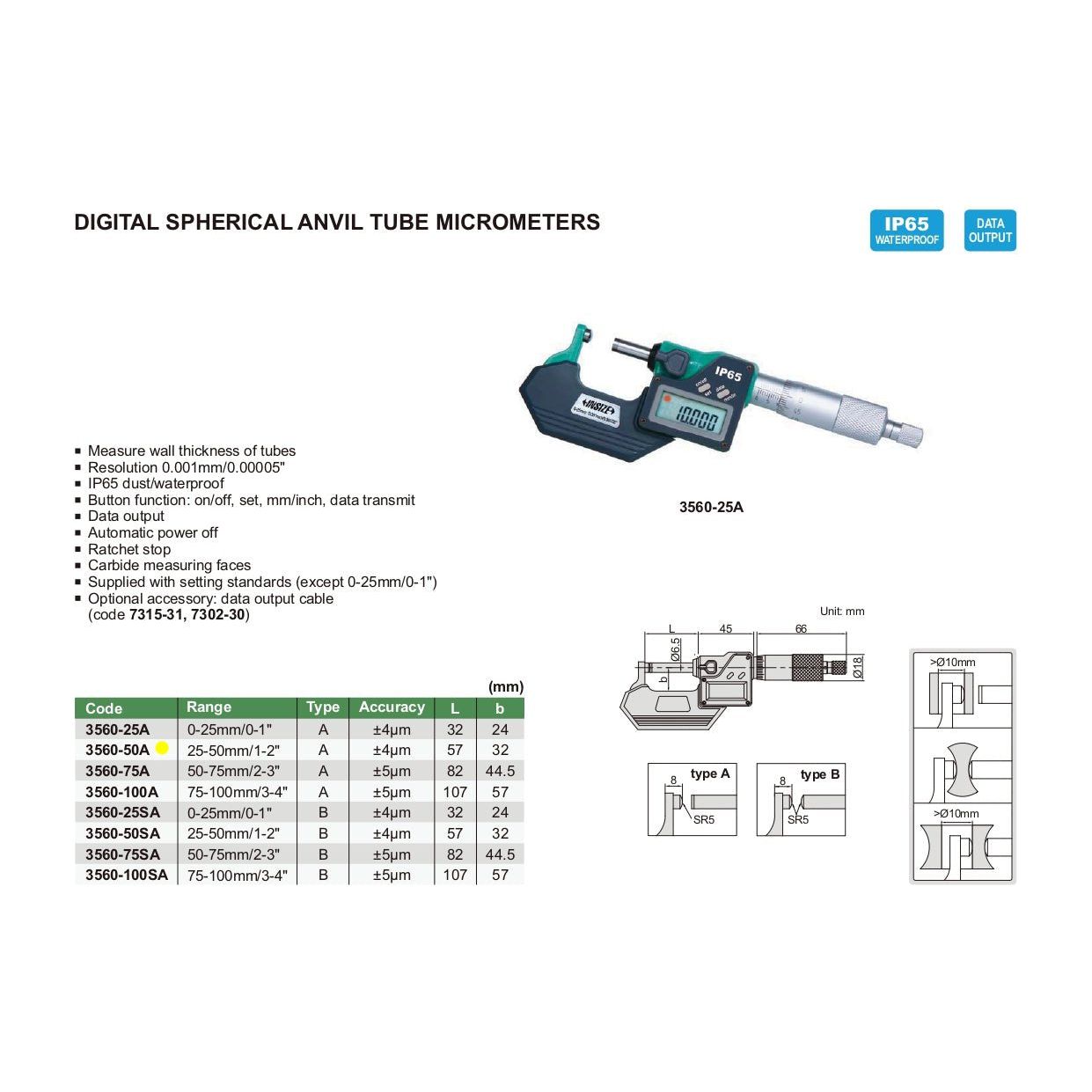 Insize Digital Spherical Anvil Tube Micrometer 25-50mm/1-2" Range Series 3560-50A