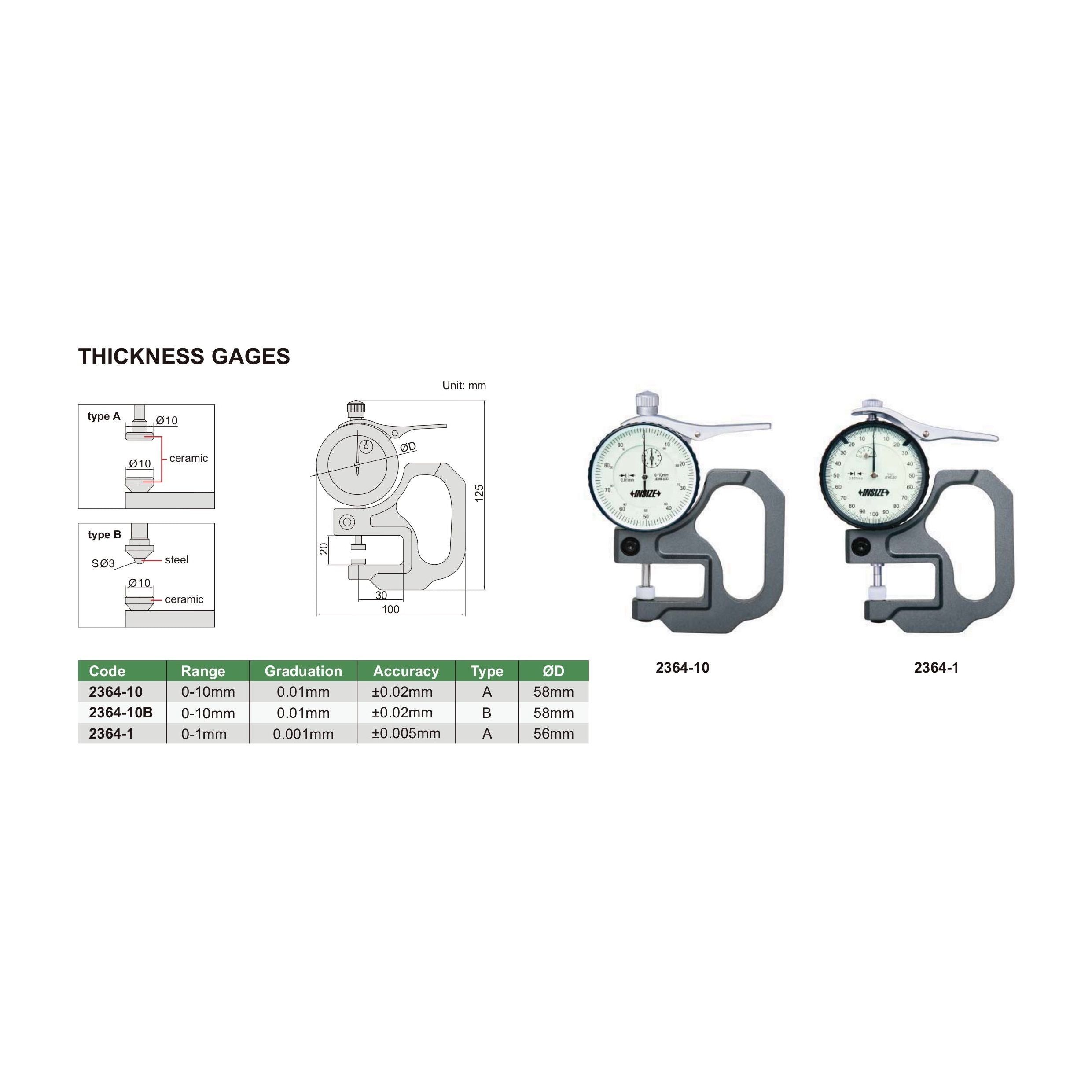 Insize Thickness Gauge 0-10mm x 0.01mm Range Series 2364-10