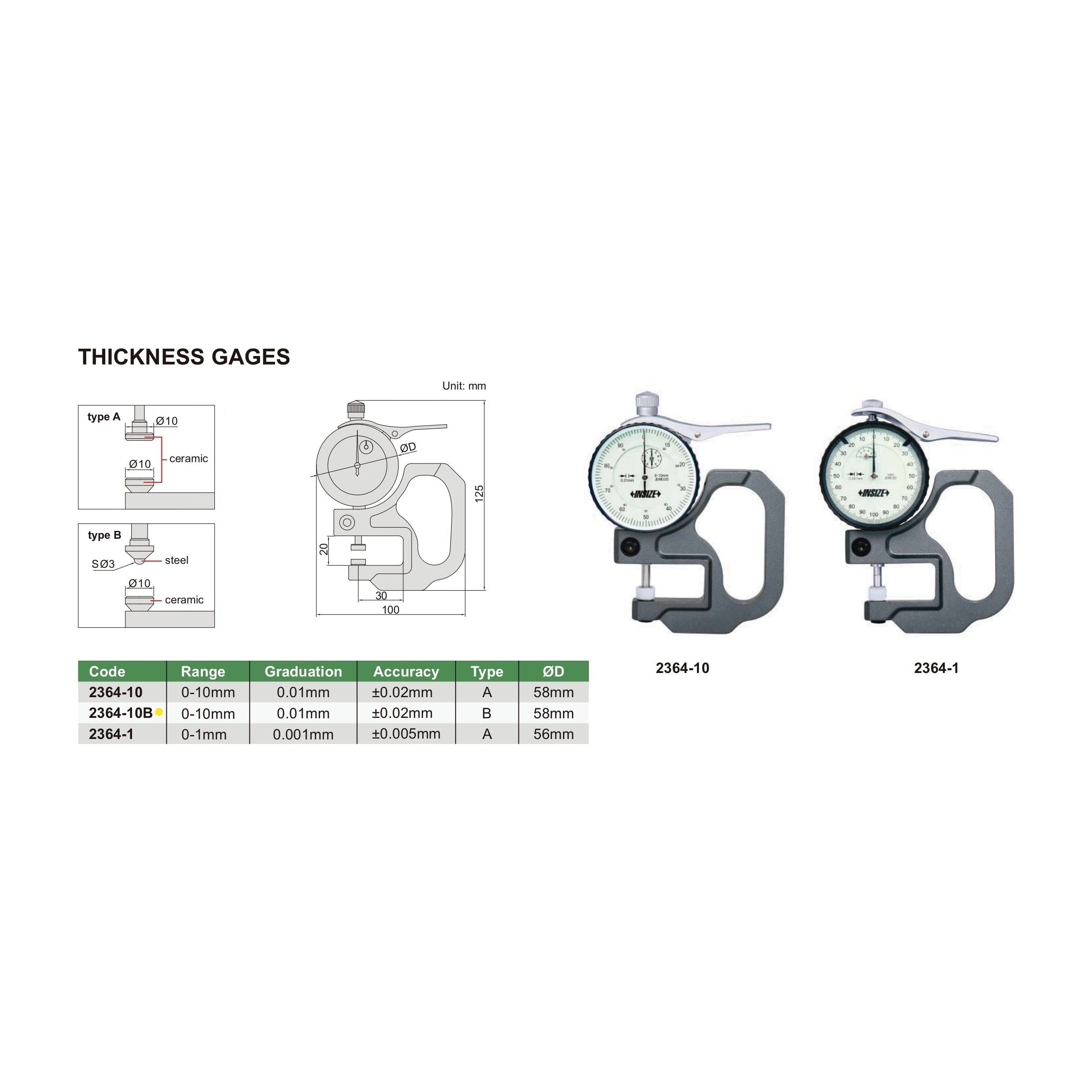 Insize Thickness Gauge 0-10mm x 0.01mm Range Series 2364-10B