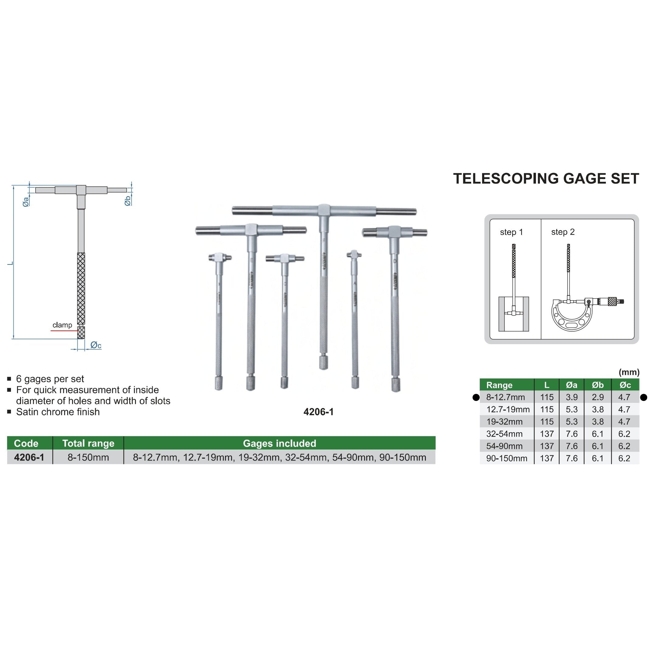 Insize Telescopic Gauge 8-12.7mm Range Series 4206-A