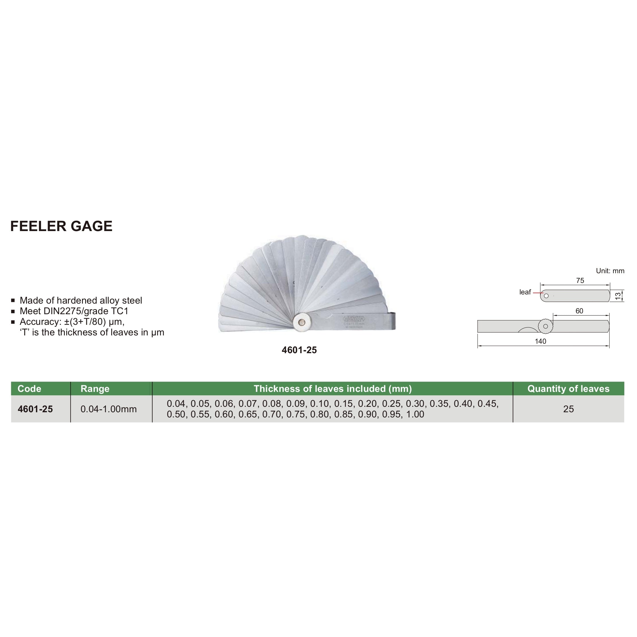 Insize Feeler Gauge Set 0.04-1mm Range Series 4601-25