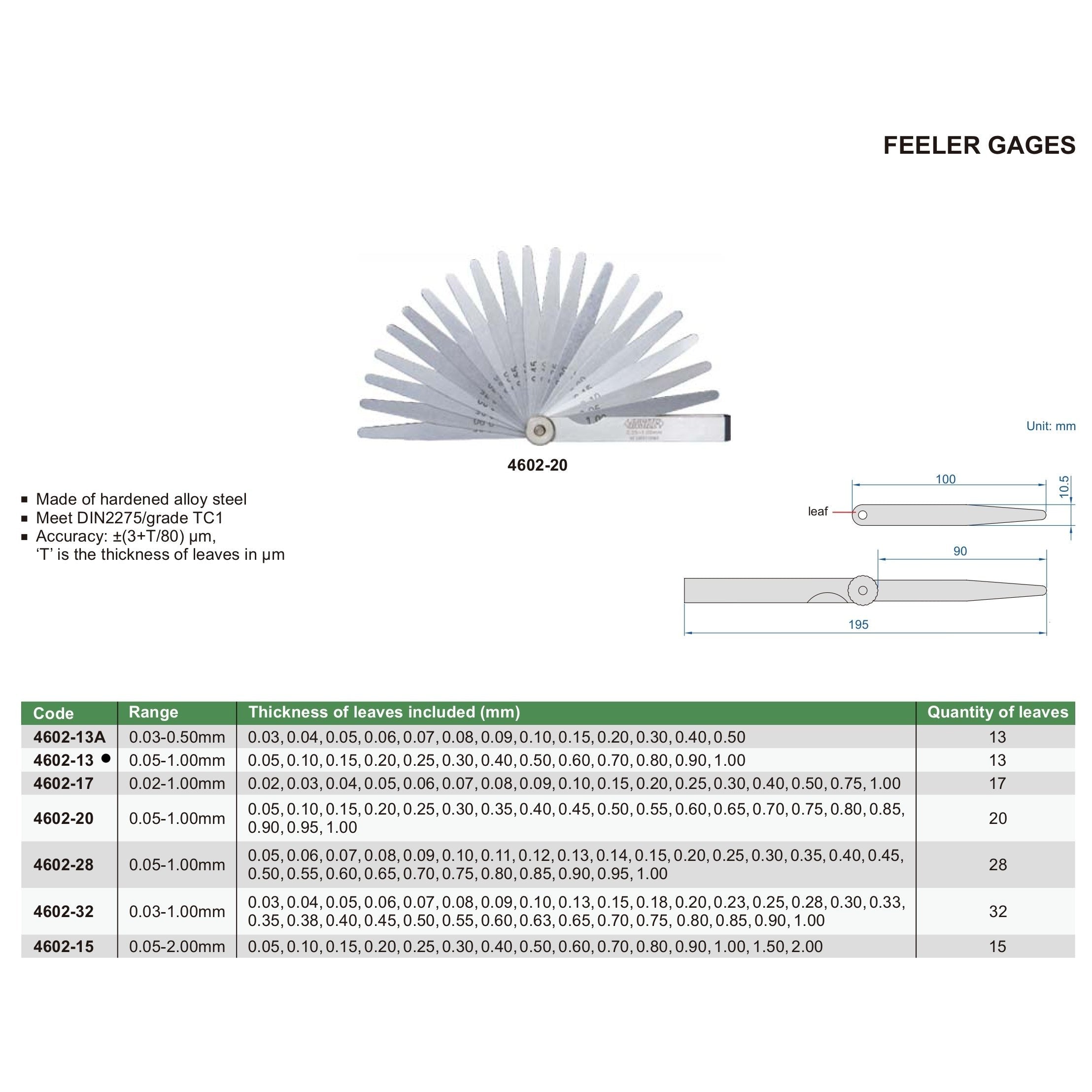 Insize Feeler Gauge Set 0.05-1.00mm Range Series 4602-13