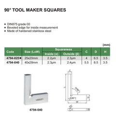 Insize 90° Toolmakers Square 25x20mm Range Series 4794-025