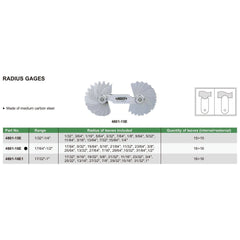 Insize Radius Gauge Set 17/64"-1/2" Range Series 4801-16E