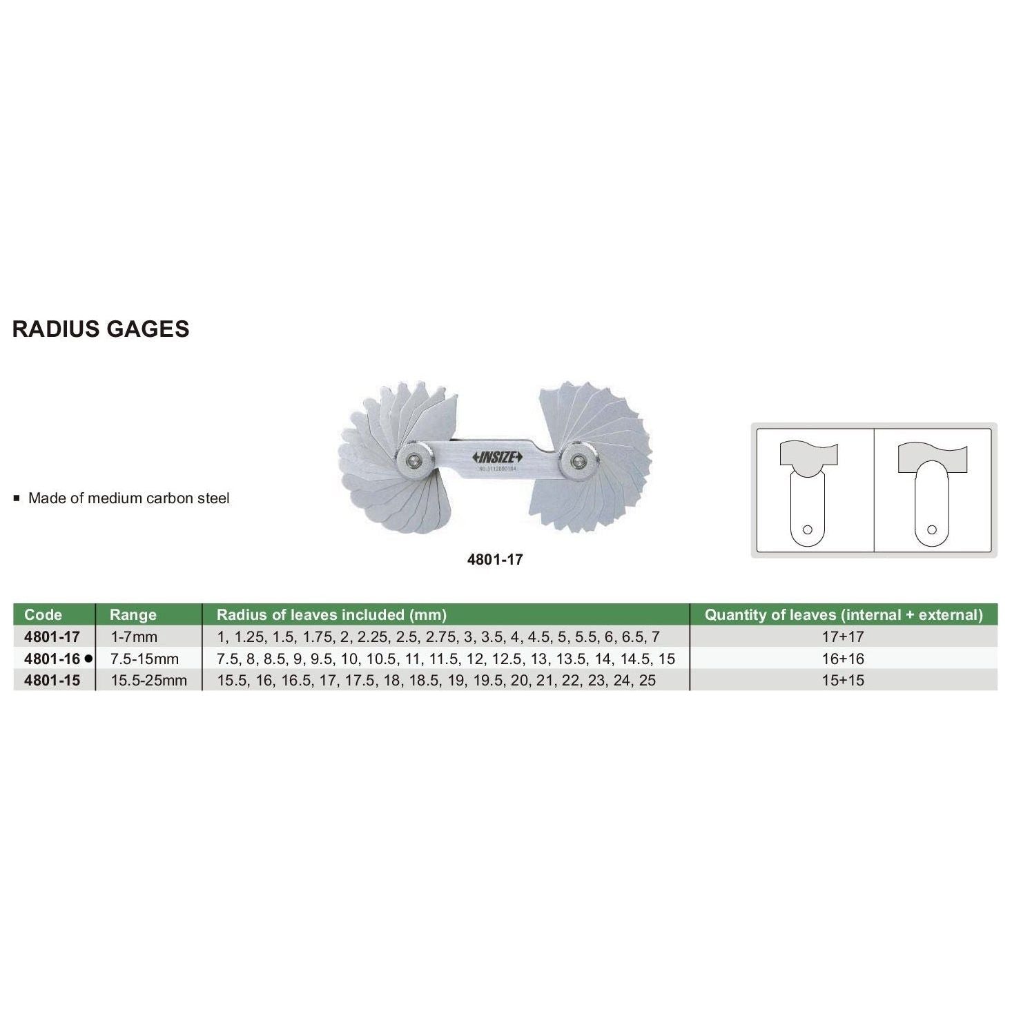 Insize Radius Gauge Set 7.5-15mm Range Series 4801-16