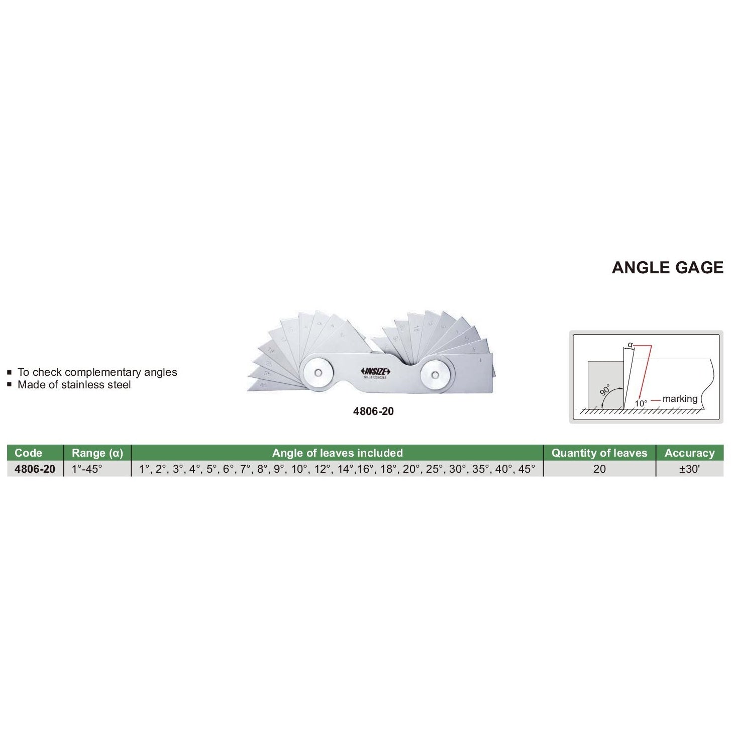 Insize Degree Angle Gauge 1°-45° Range Series 4806-20