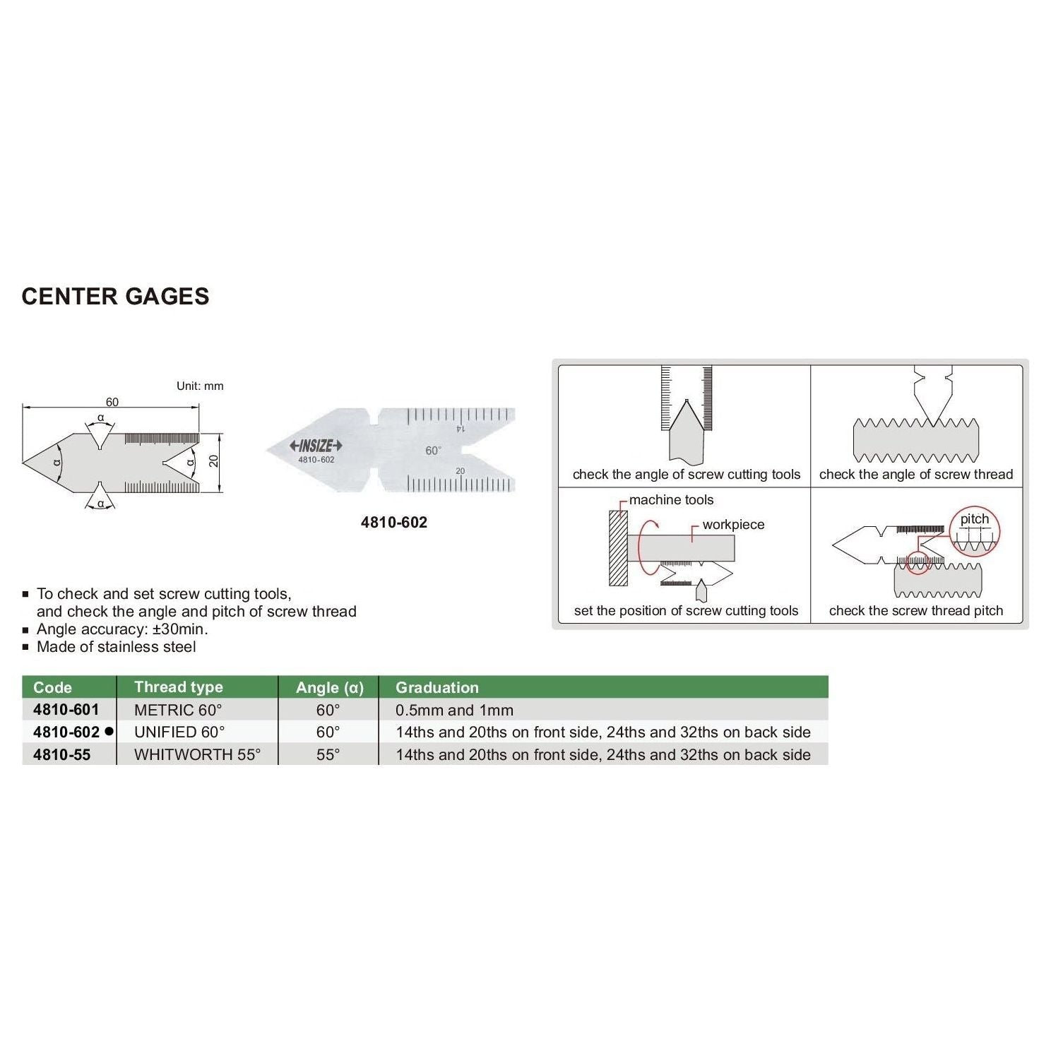 Insize Thread Angle Gauge Unified 60° Range Series 4810-602