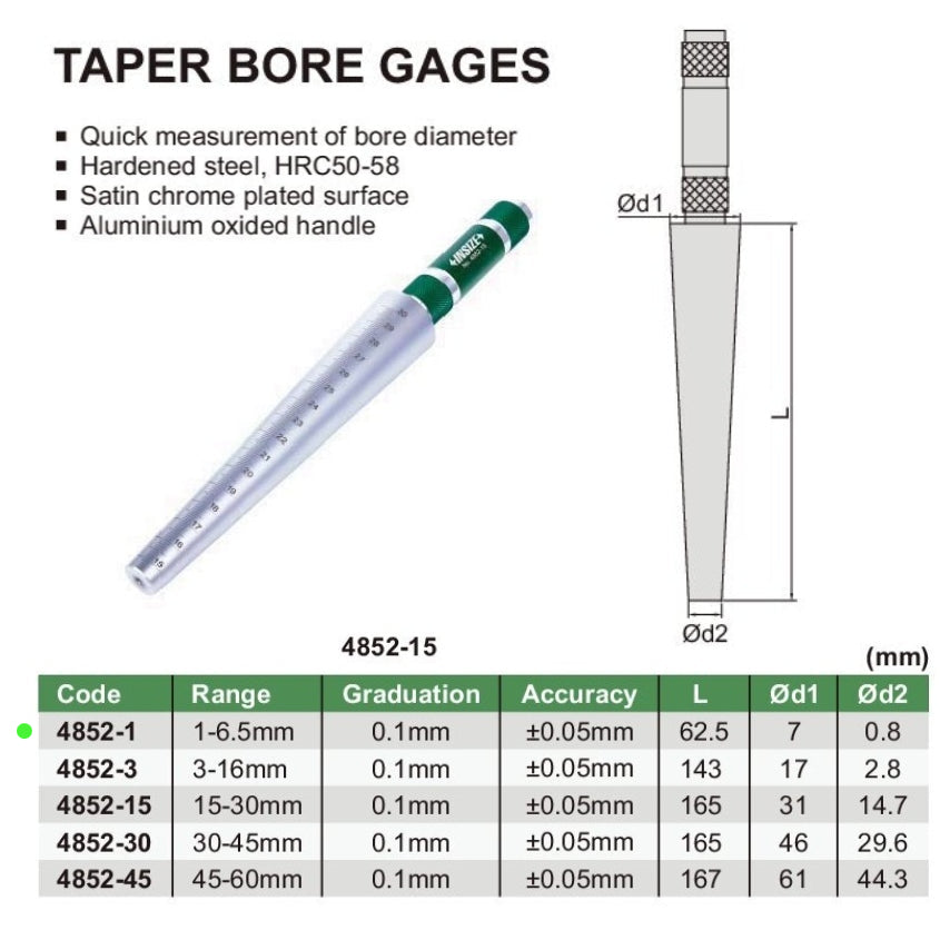 Insize Taper Bore Gauge 1-6.5mm Range Series 4852-1