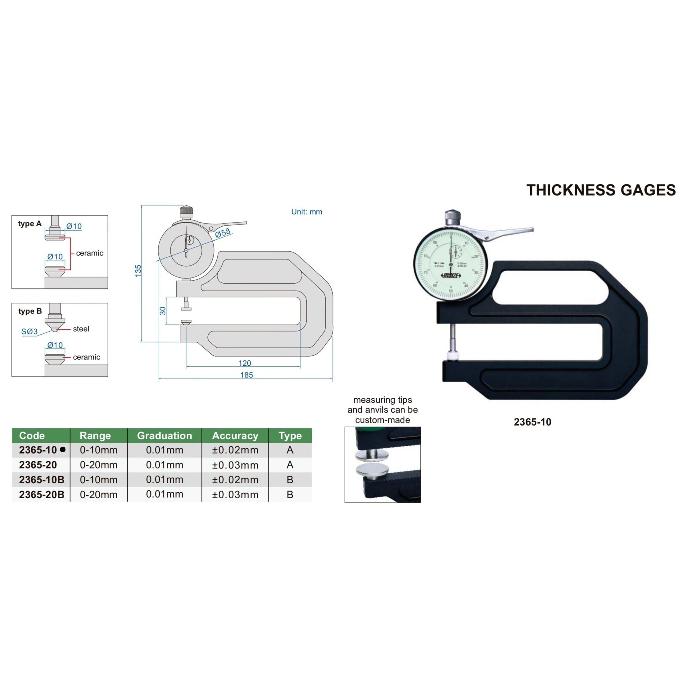 Insize Thickness Gauge 0-10mm x 0.01mm Range Series 2365-10