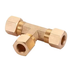 Brass T-shaped connector on a white background