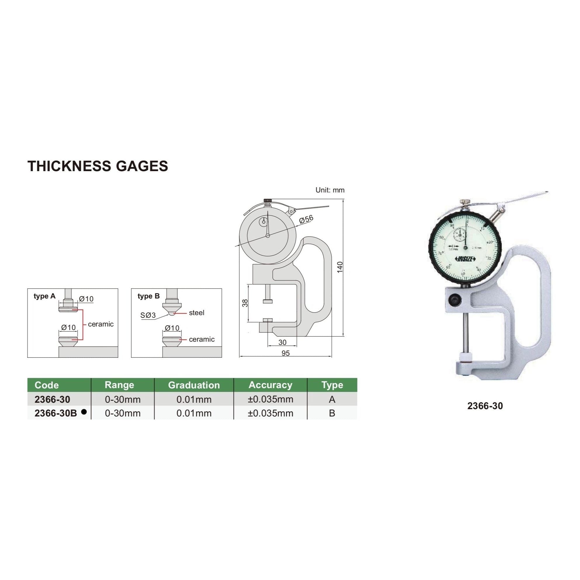 Insize Thickness Gauge 0-30mm x 0.01mm Range Series 2366-30B