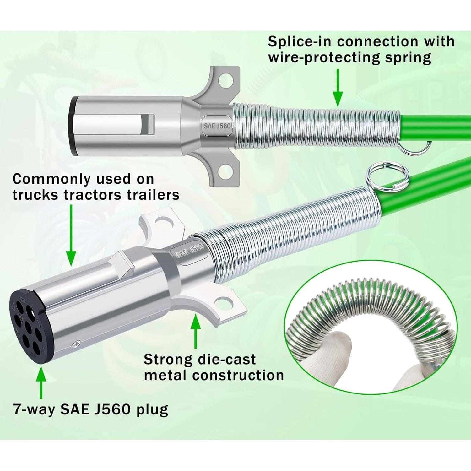 7 Way Trailer 15 FT Green ABS Long Tail Spiral Electrical Power cord - Twin Eagle Imports