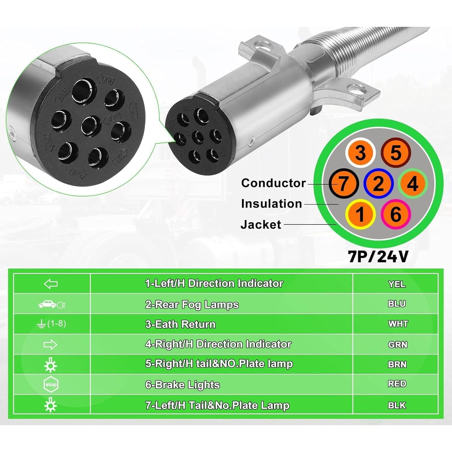 7 Way Trailer 15 FT Green ABS Spiral Electrical Power cord - Twin Eagle Imports