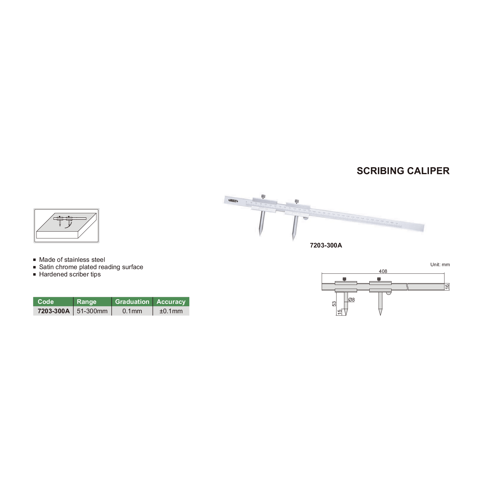 Insize Scribing Caliper 51-300mm Range Series 7203-300A