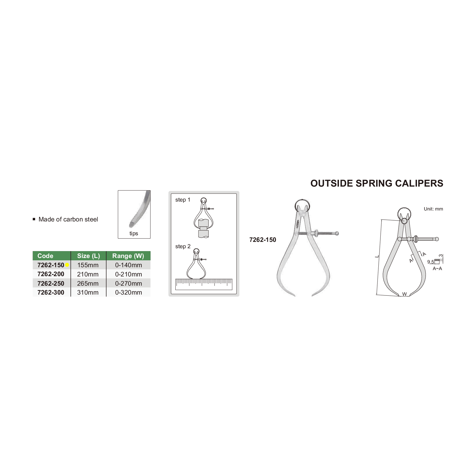 Insize Outside Spring Caliper 0-140mm Range Series 7262-150