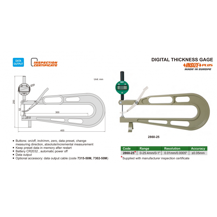 Insize Digital Thickness Gauge 0–25 mm Range Series 2860-25