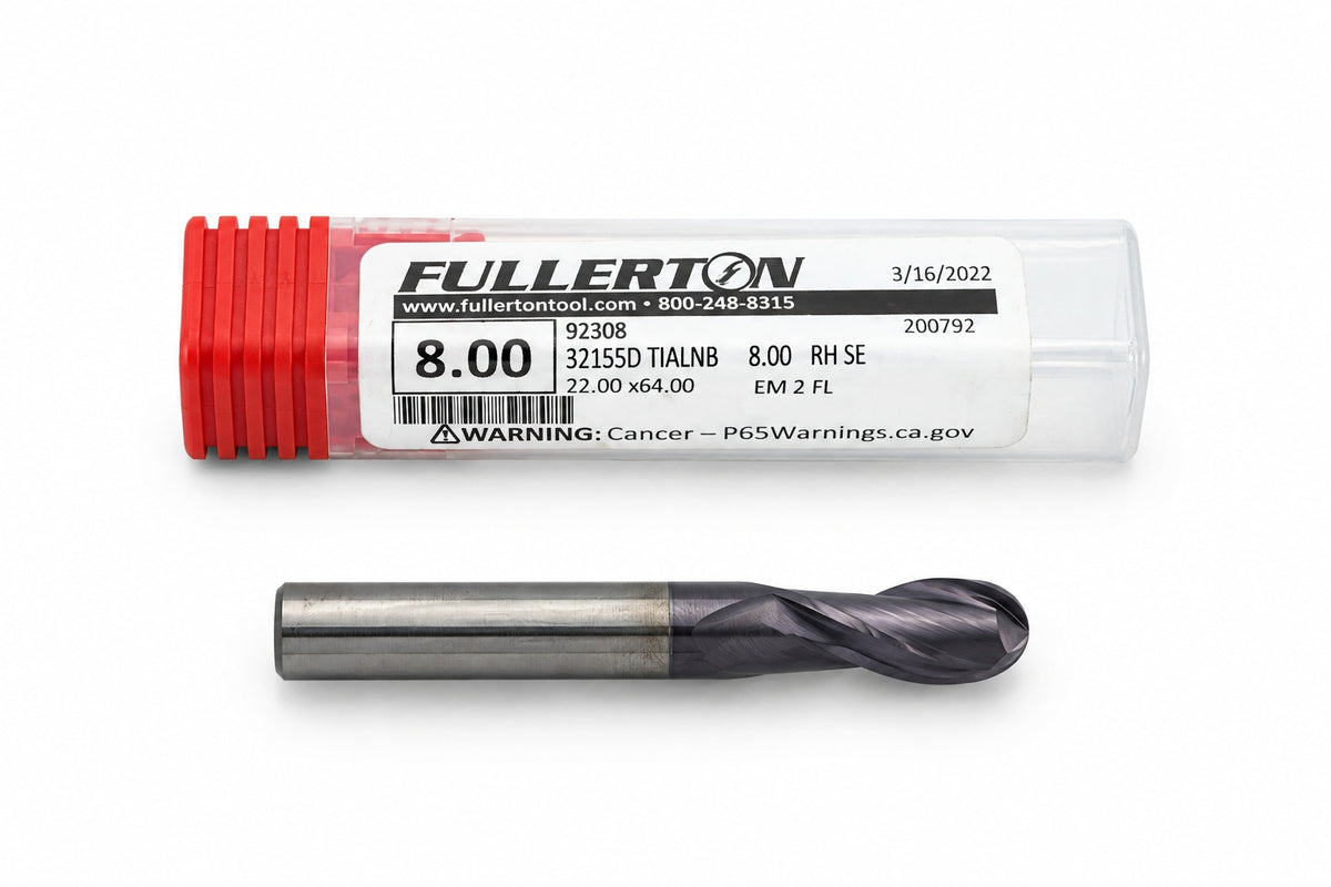 Fullerton 8.0mm 2 Flute TiAlN Coated Carbide Ball Nose Endmill - 3215 Series