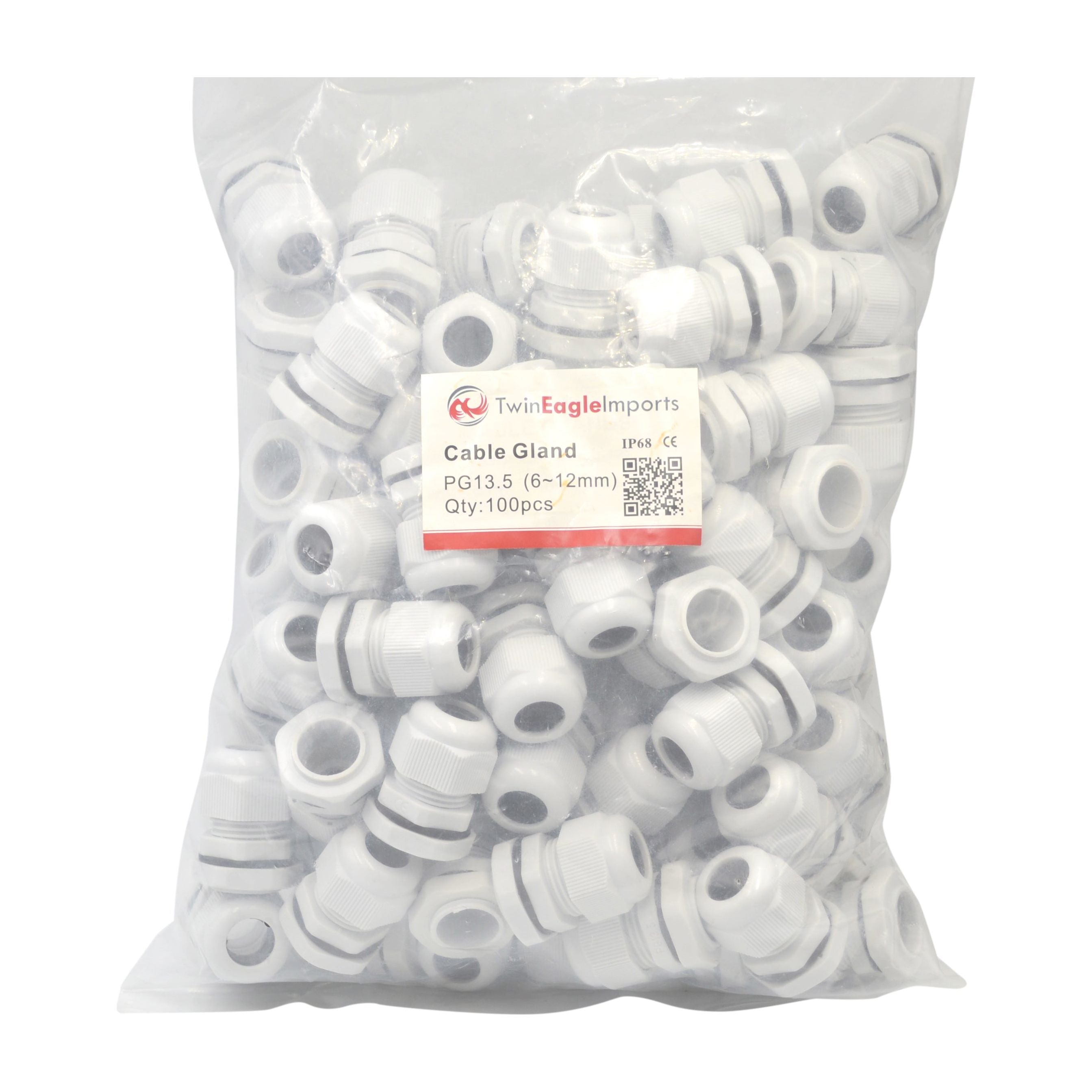 100 Pack IP68 PG13.5 White Nylon Cable Gland 6-12mm Cable Range