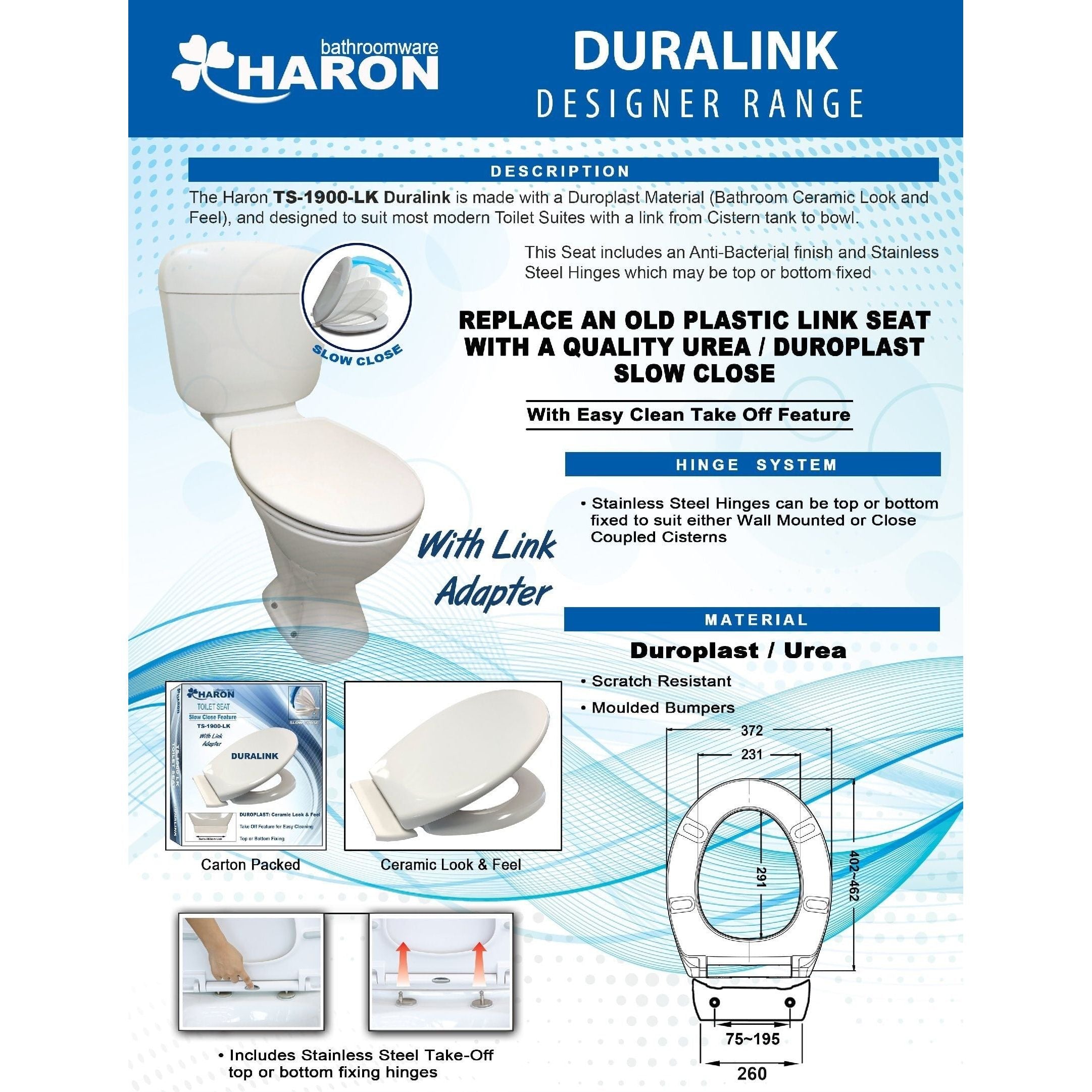 Haron TS-1900-LK MIAMI Link Slow Close Toilet Seat – Suits 260mm