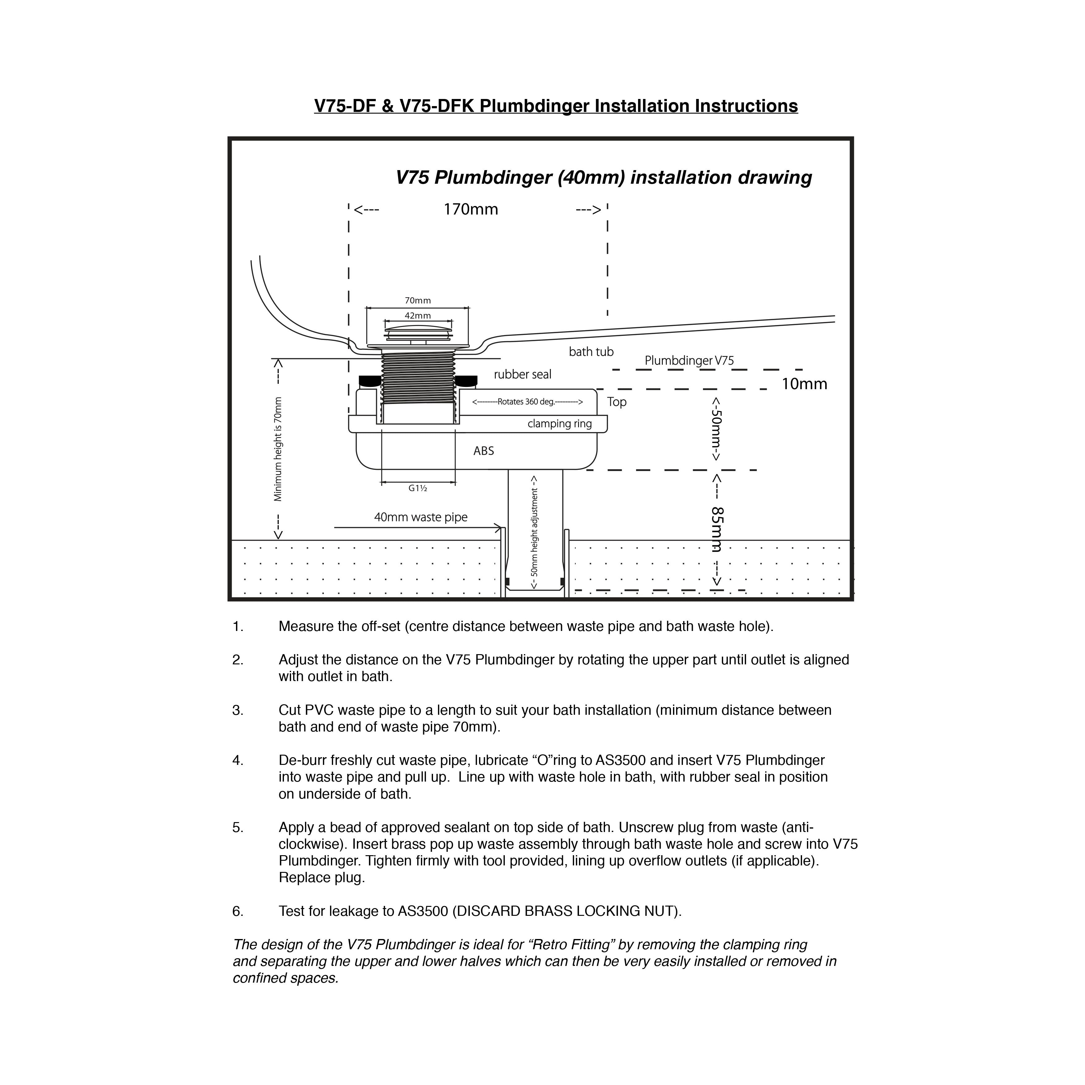 V75-DF Plumbdinger - Space Saving Bath Waste Solutions for Slab-On-Ground Installations