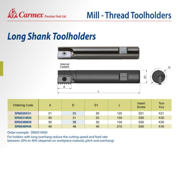 Carmex Threadmill Long Shank Toolholder 31mm Cut. SR0031M30