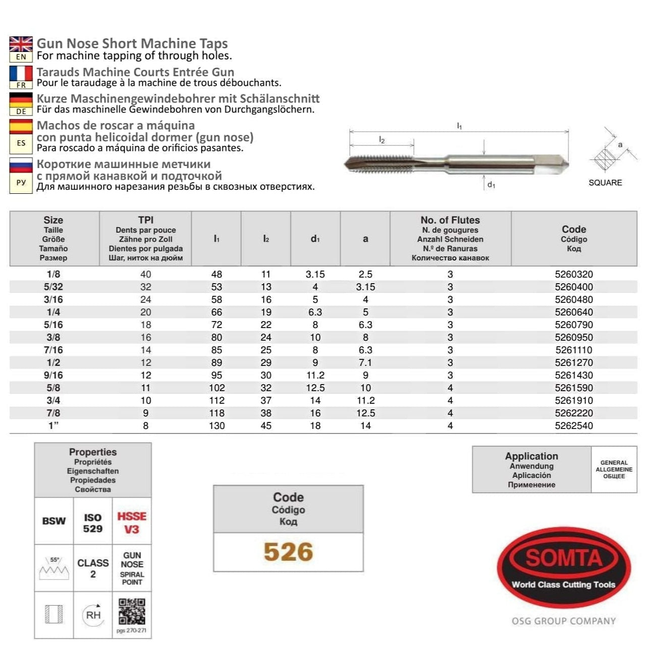 Somta Series 526 - HSSE-V Gun Nose Tap BSW 1/4" (Standard)