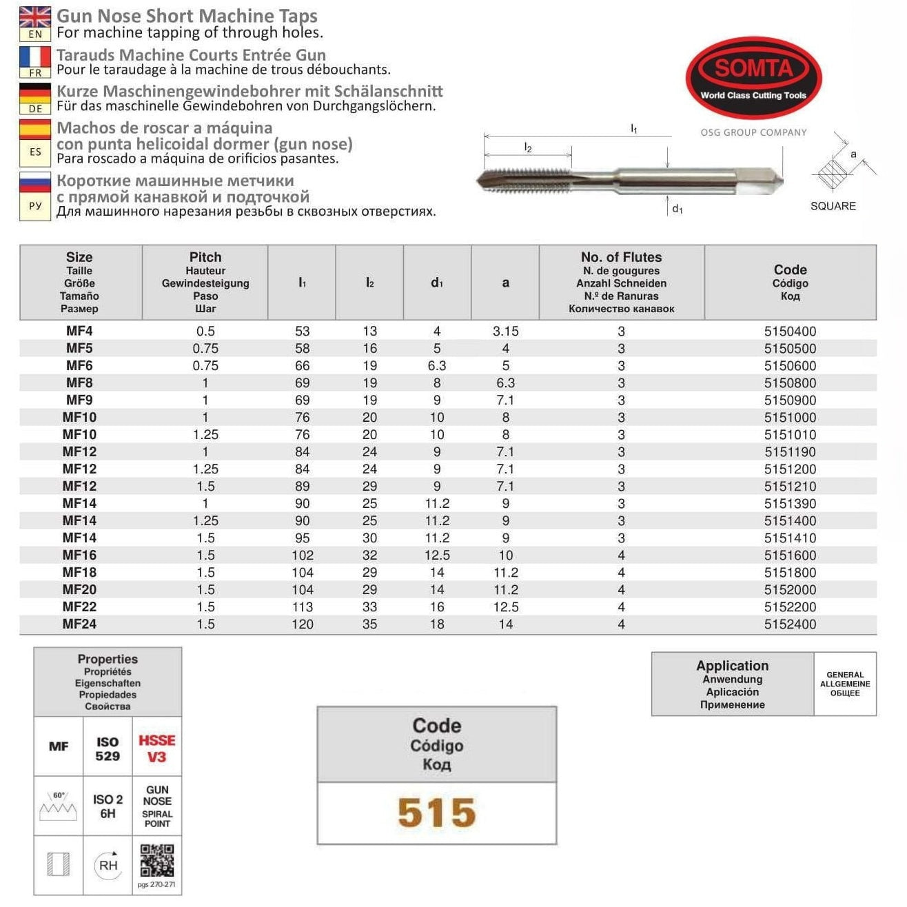 Somta Series 515 - HSSE-V Gun Nose Tap Metric M12 x 1.0 (Fine, Standard)