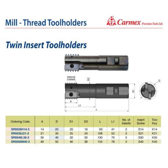 Carmex Threadmill Twin Insert Toolholder 30mm Cut. SR0030J21-2