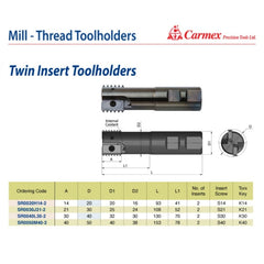 Carmex Threadmill Twin Insert Toolholder 30mm Cut. SR0030J21-2