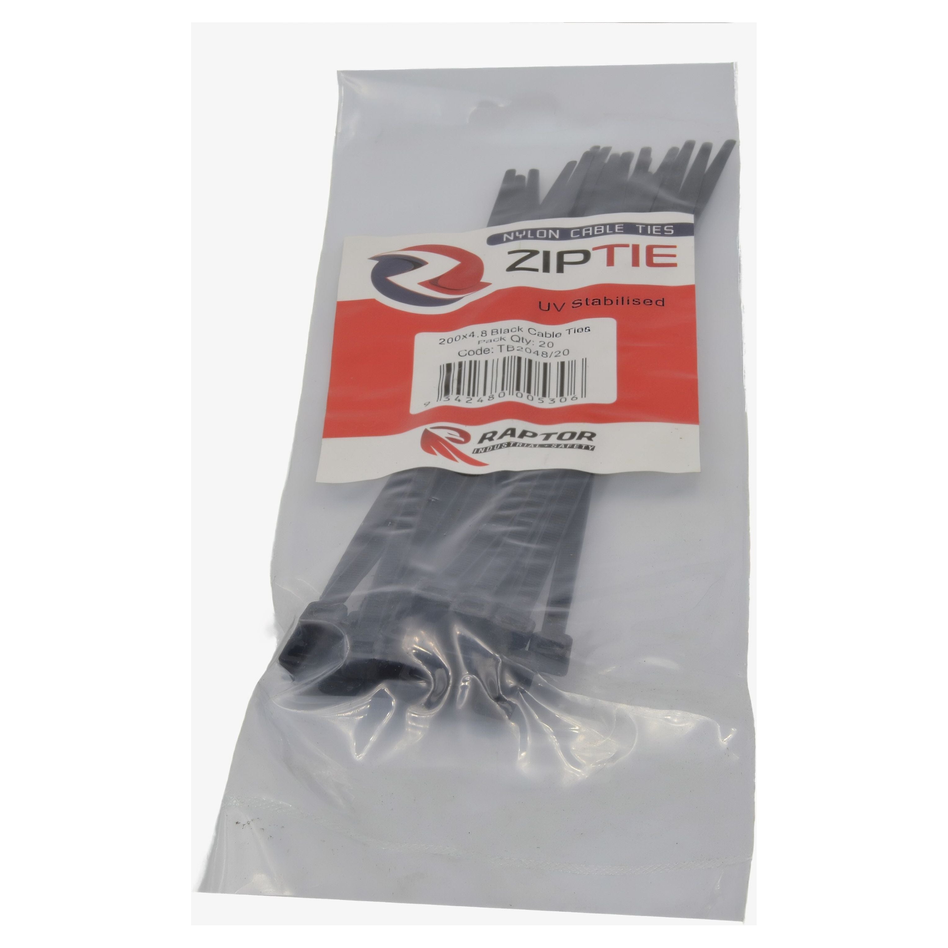 RAPTOR Black 200mm x 4.8mm Medium Duty Cable Ties, 20 Pack