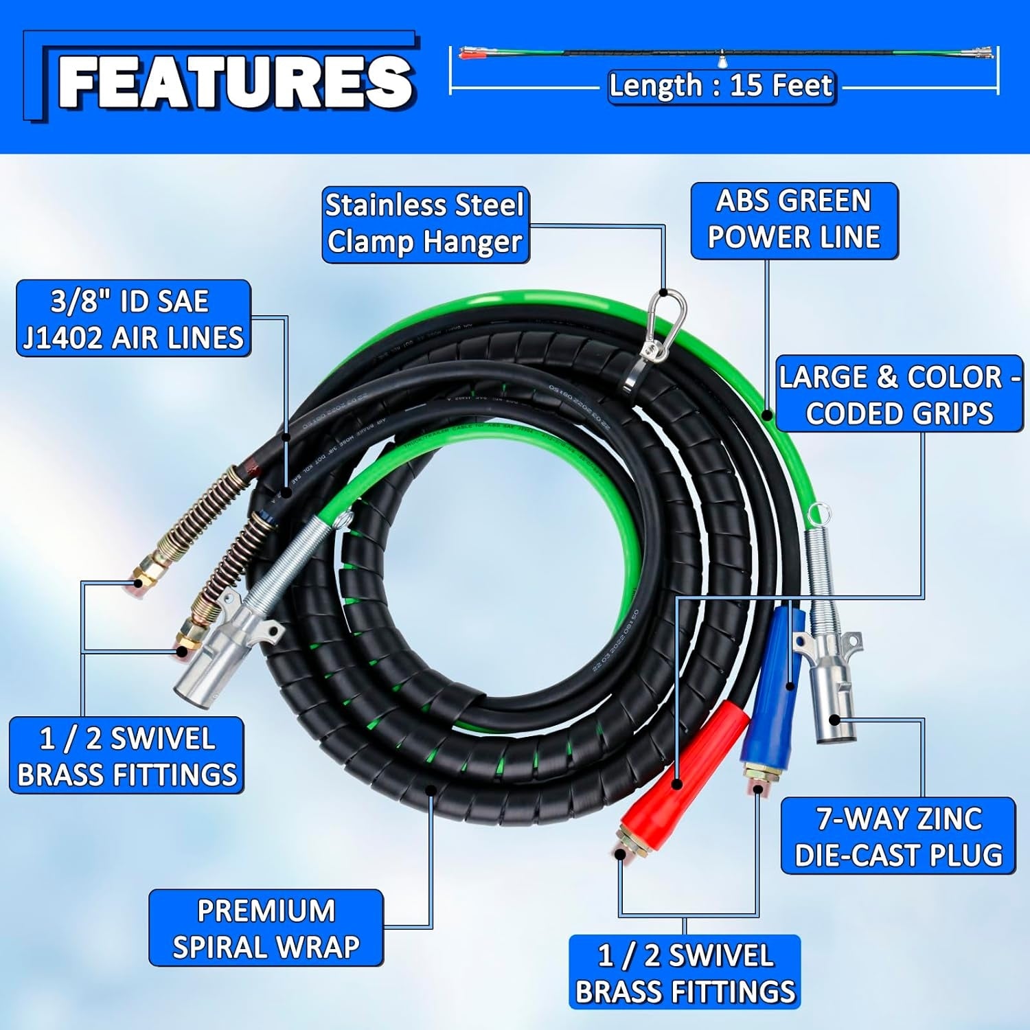 Heavy Duty 3-in-1 ABS Trailer Air Line Kit – 15 Ft Rubber Air Hoses with Power Line