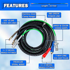 Heavy Duty 3-in-1 ABS Trailer Air Line Kit – 15 Ft Rubber Air Hoses with Power Line