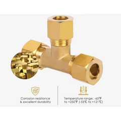 Gold brass fitting with text highlighting features on a white background