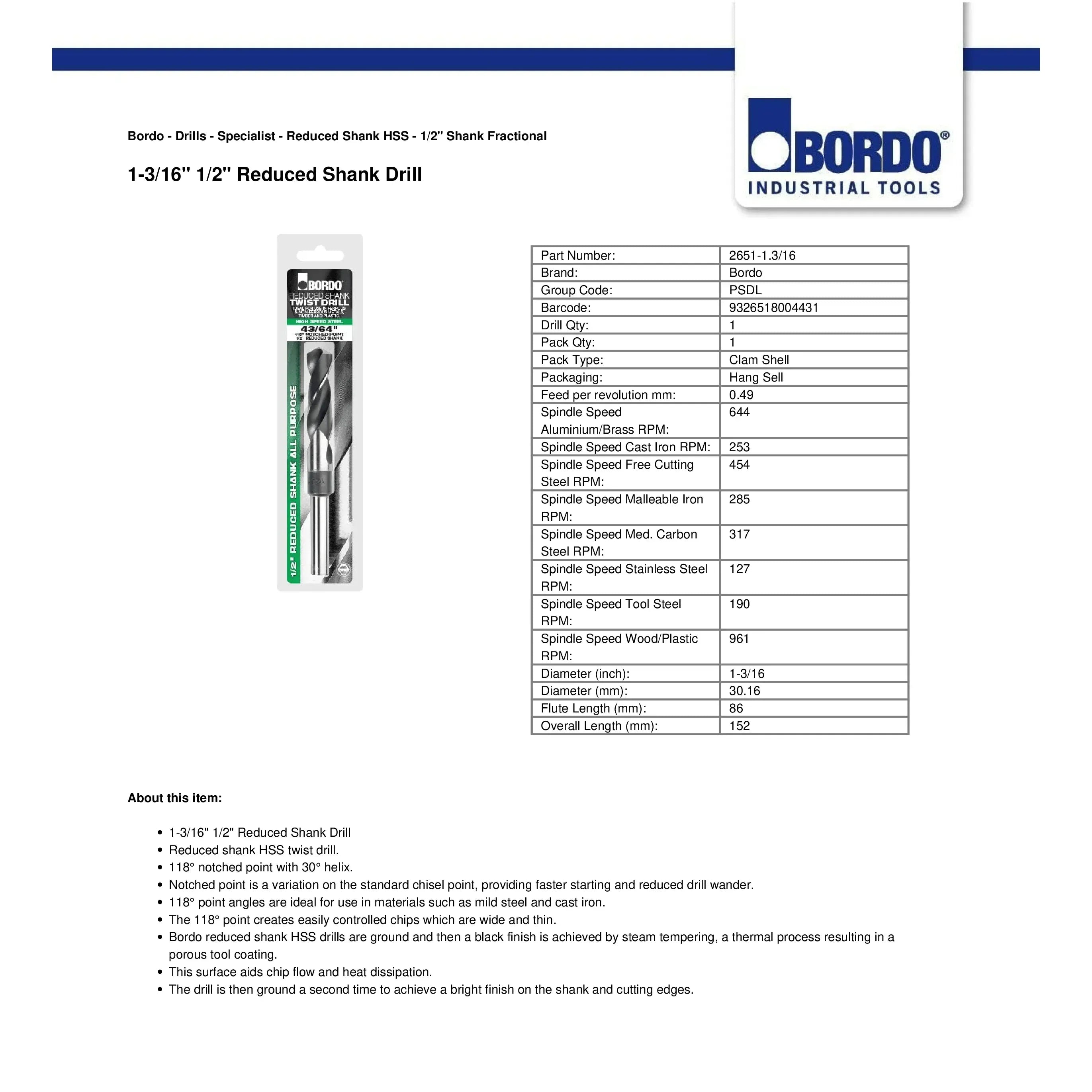 BORDO DRILLS Bordo 1-3/16" HSS Reduced Shank Drill